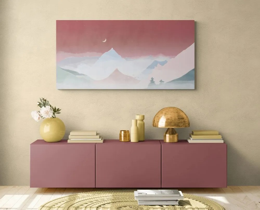 Quadro su tela – Luna sopra le montagne pastello