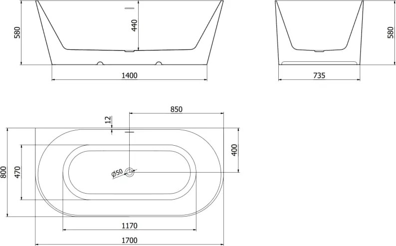 Mexen Oval Slim vasca da bagno freestanding a parete 170 x 80 cm, bianca, troppopieno oro spazzolato - 52661708000-55