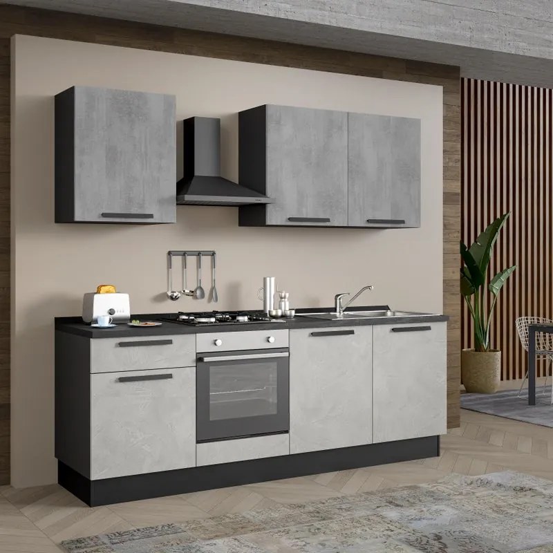 Cucina montata Dora bianco e grigio chiaro, lavello a destra, L 240 cm, completa di: cappa a camino, piano cottura a gas e forno