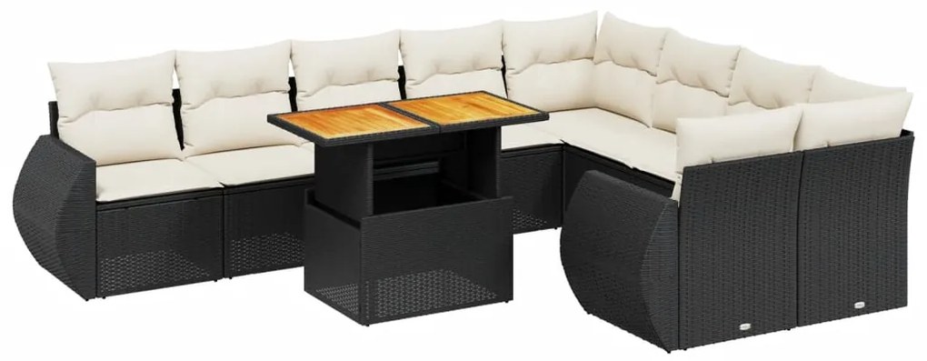 Set divani da giardino 10pz con cuscini in polyrattan nero