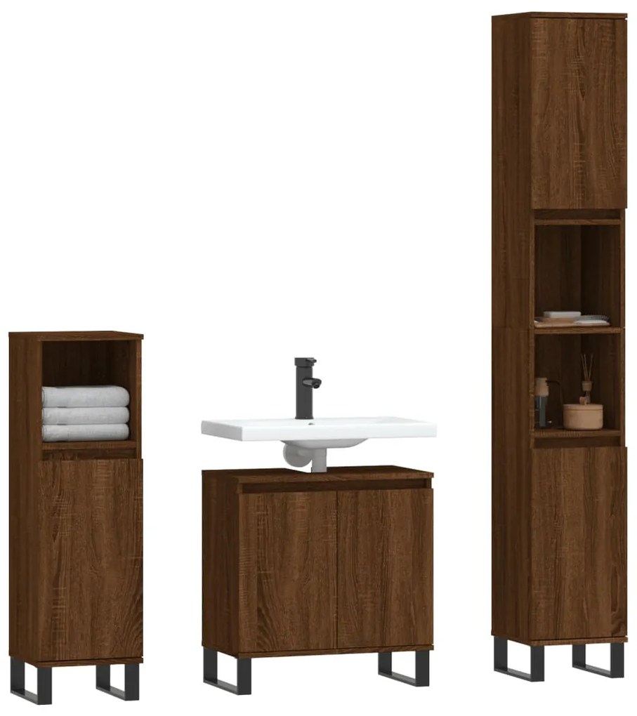 Set mobili da bagno 3 pz rovere marrone in legno multistrato