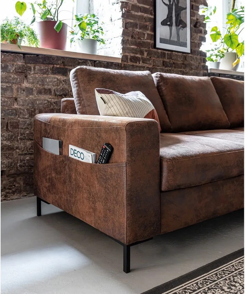 Divano letto vintage in similpelle marrone, angolo destro Lofty Lilly - Miuform