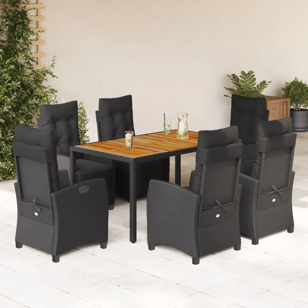 Set da Pranzo da Giardino 7 pz Nero con Cuscini in Polyrattan