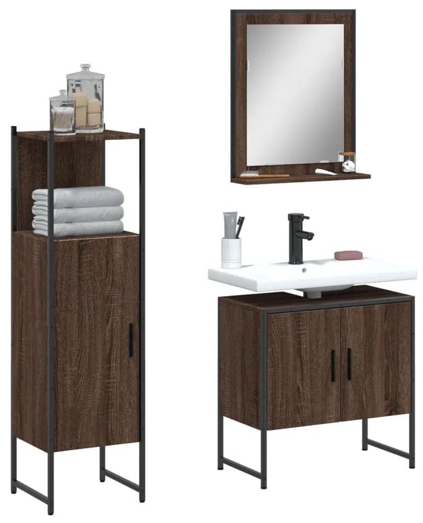 Set Mobili Da Bagno 3 Pz Rovere Marrone İn Legno Multistrato /
