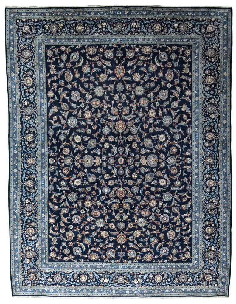 Kashan Tappeto 400x310 Blu (Iran) Annodato A Mano