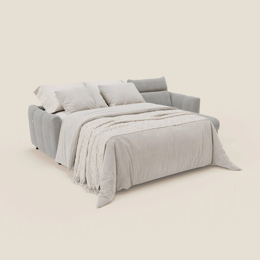 Peonia divano letto angolare con Penisola Contenitore - Materasso H18 cm in Bouclé Impermeabile T07 grigio