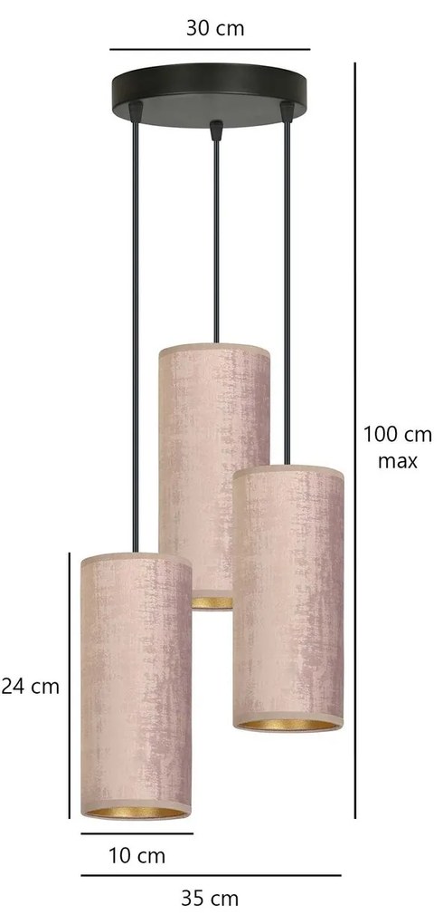 Sospensione Tonda 3 Luci Bente In Acciaio Nero E Paralumi Rosa E Oro