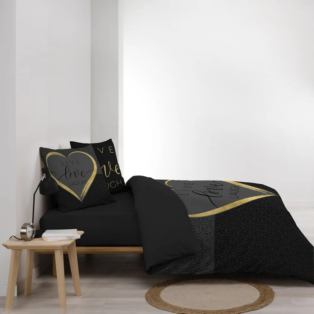 Set copripiumino e federa nero in cotone per letto matrimoniale 200x200 cm Crazy Love – douceur d'intérieur