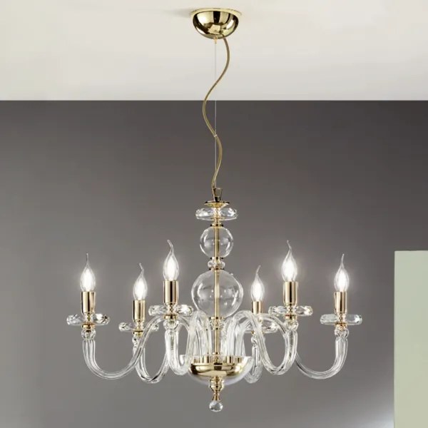 Lampada a sospensione D72 cm BACH senza paralume in vetro trasparente 6 LUCI ORO