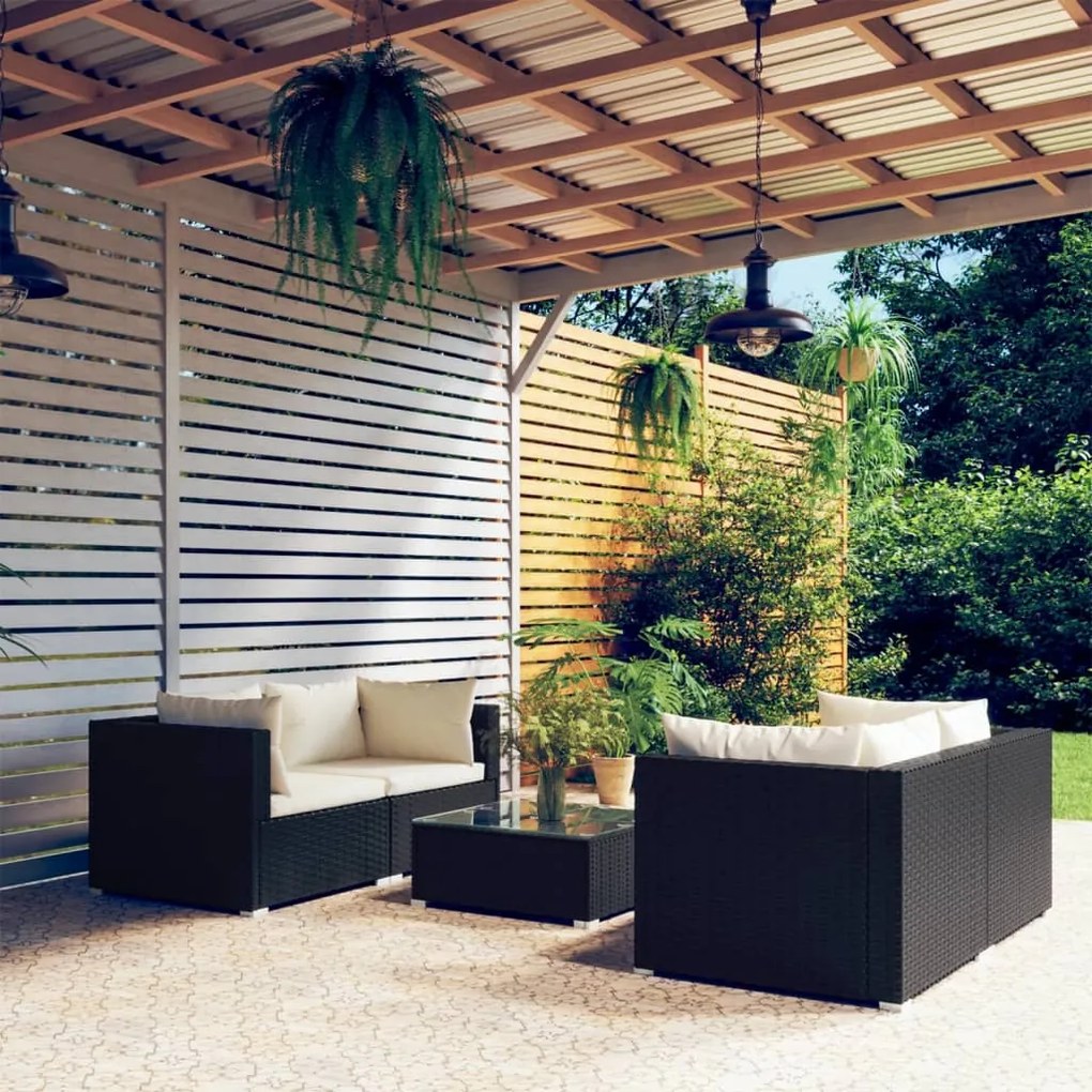 Set salotto da giardino 5 pz con cuscini in polyrattan nero