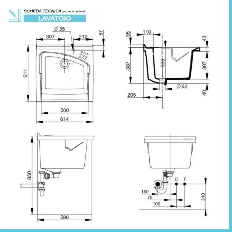Mobile lavatoio 61x61 cm Revine vasca in ceramica e asse in legno