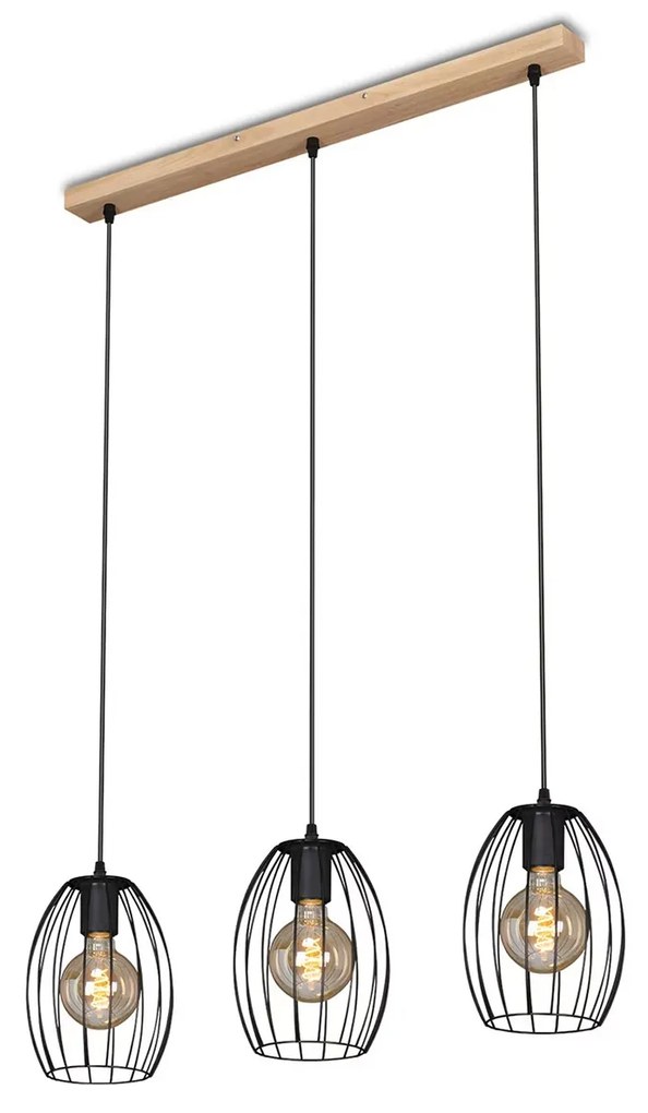 Lampadario Vintage Waktu Legno Marrone Metallo Nero 3 Luci E27