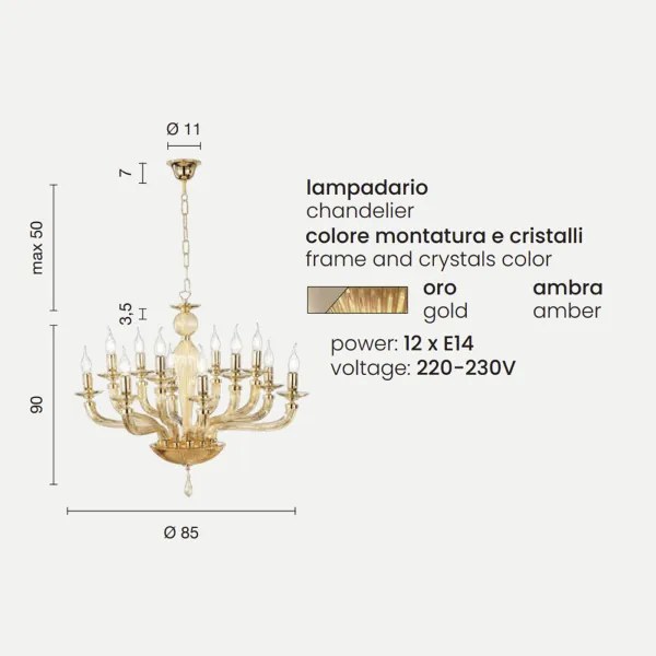 Lampadario a sospensione D85 cm VILLA a 12 luci in vetro lavorato a mano AMBRA