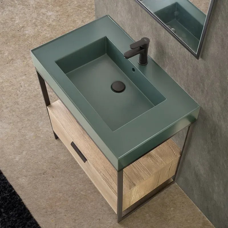 Mobile bagno a terra 75 cm nero con lavabo verde e specchio Kubic