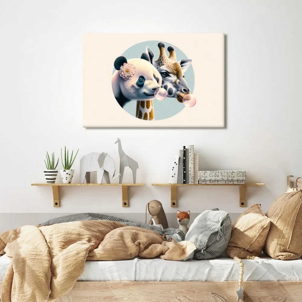 Quadro su tela – Panda e giraffa con bolla di gomma