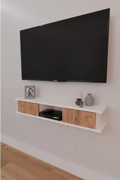 Mobile TV Sospeso 120x20x18 cm 2 Ante E Vano A Giorno Delta Bianco E Rovere