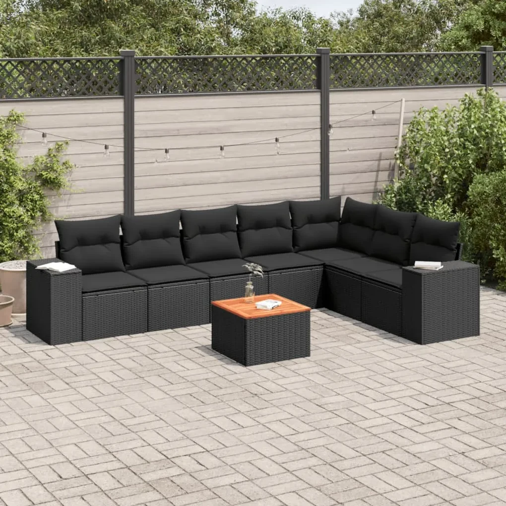 Set divani da giardino con cuscini 8 pz nero in polyrattan