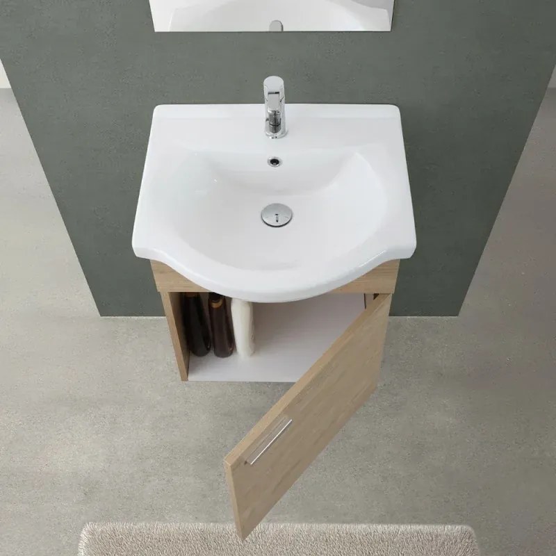 Mobile bagno sospeso 55 cm Rovere Dolomite completo di lavabo e specchio Desya