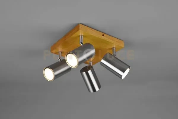 Plafonera marley 4 spots acciaio base legno naturale 812400407