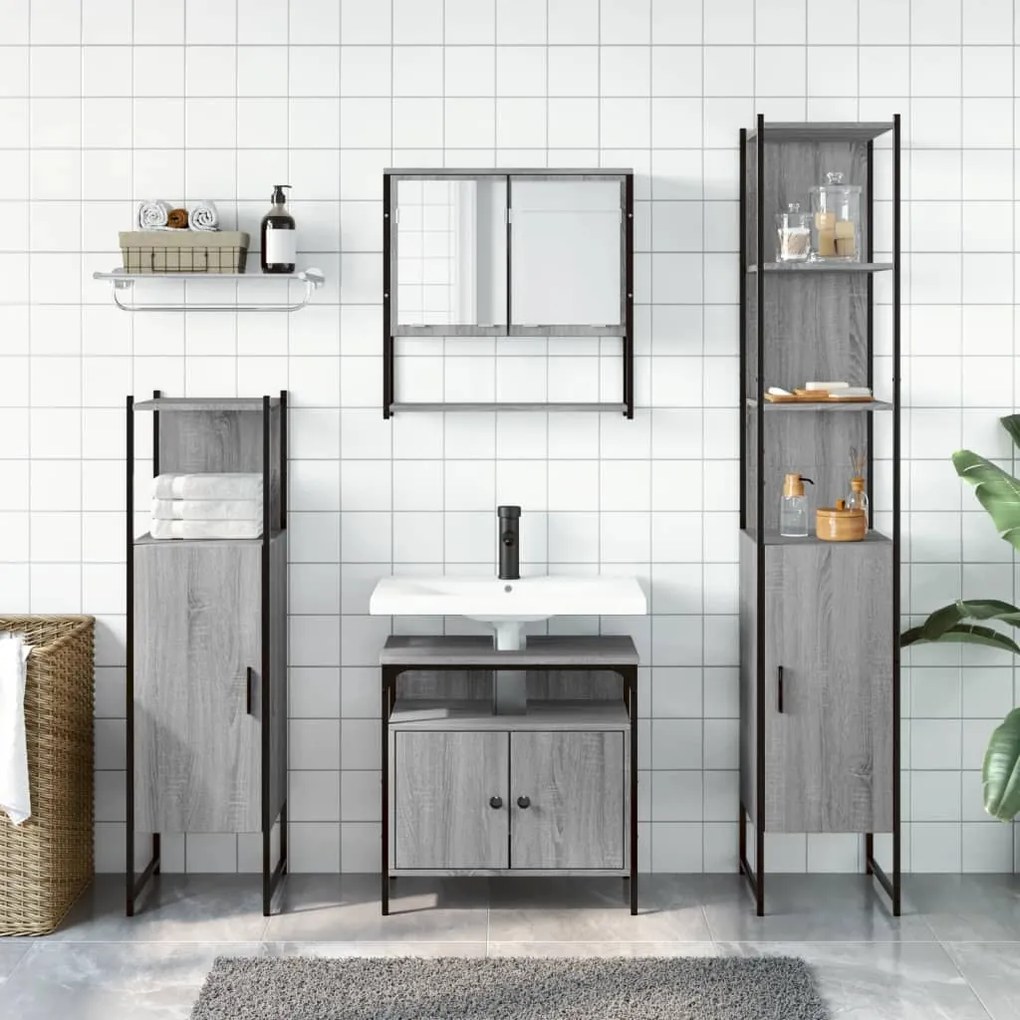 Set mobili da bagno 4 pz grigio sonoma in legno multistrato