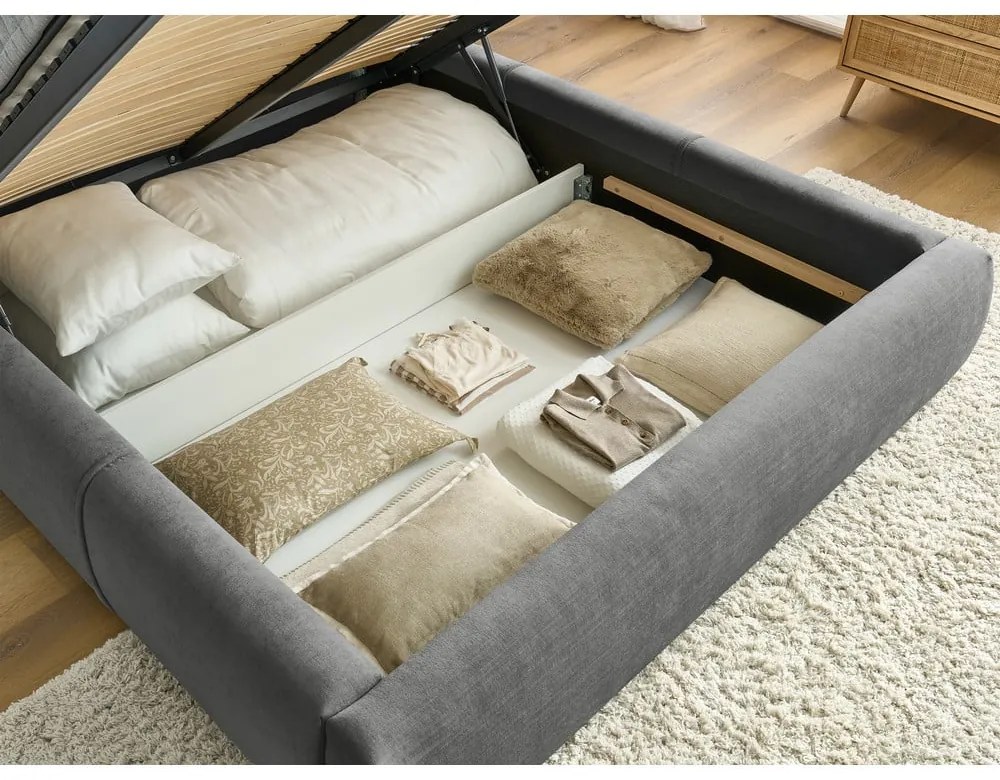 Letto matrimoniale imbottito grigio con contenitore con griglia 160x200 cm Vernon - Bobochic Paris