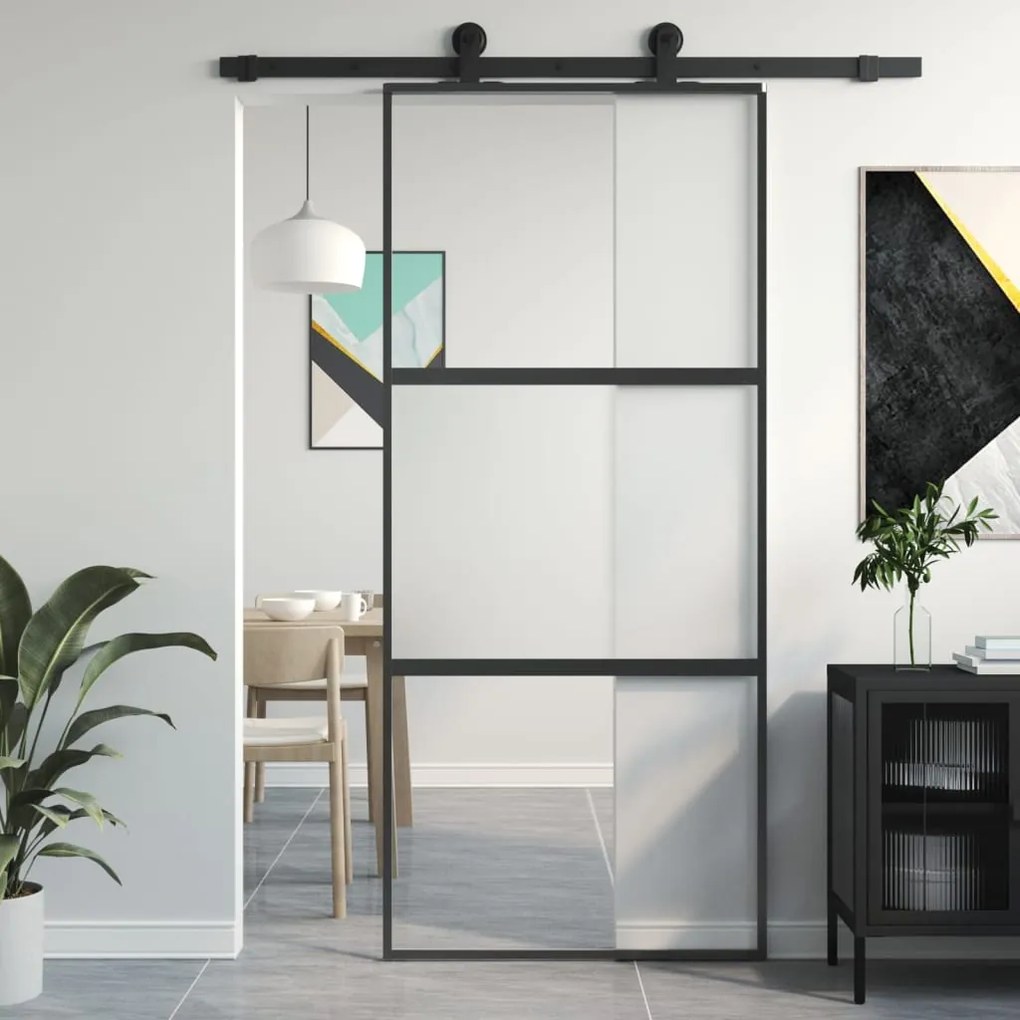 Porta Scorrevole Nera 90x205 Cm İn Vetro Temperato E Alluminio /