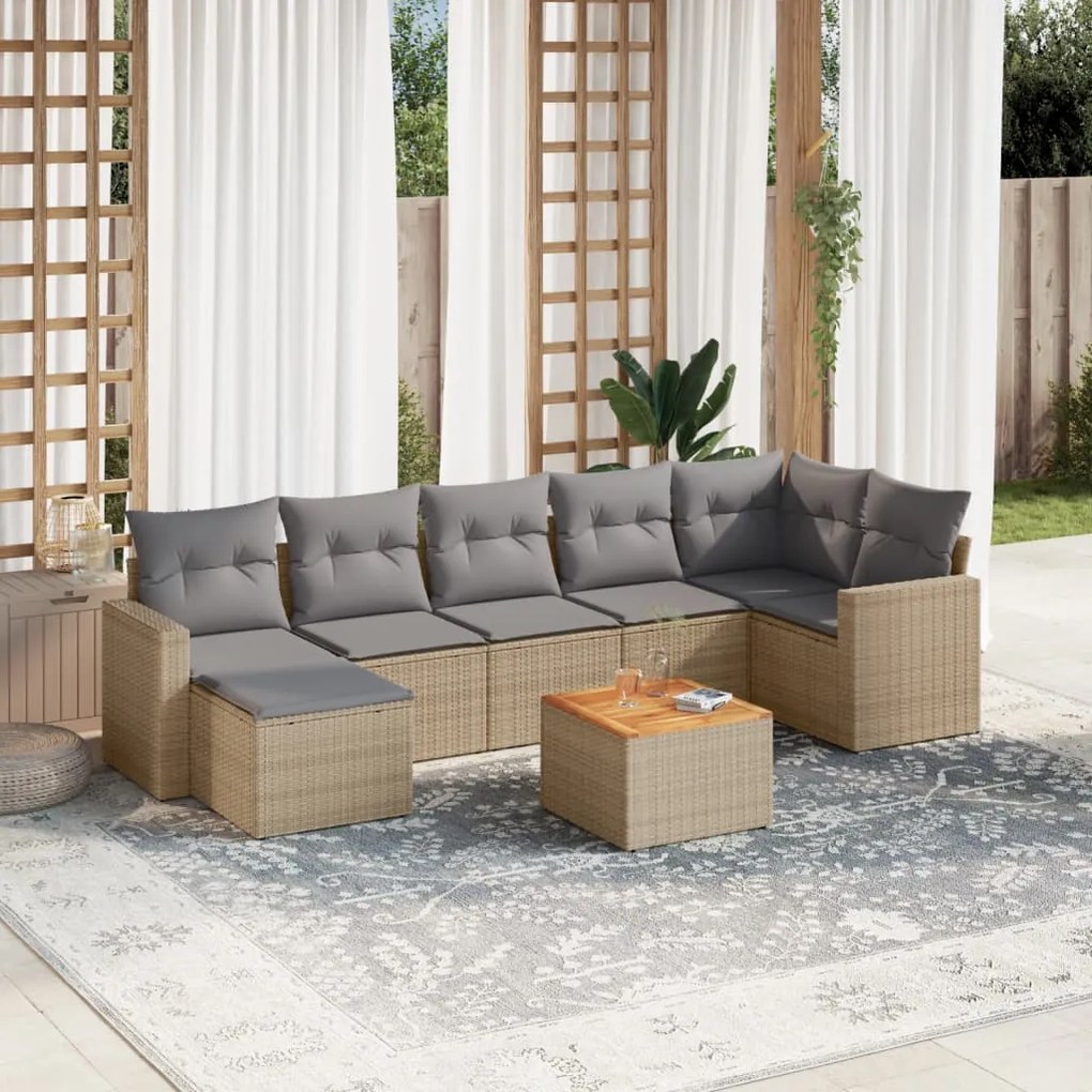 Set Divano da Giardino 8 pz con Cuscini Beige Misto Polyrattan