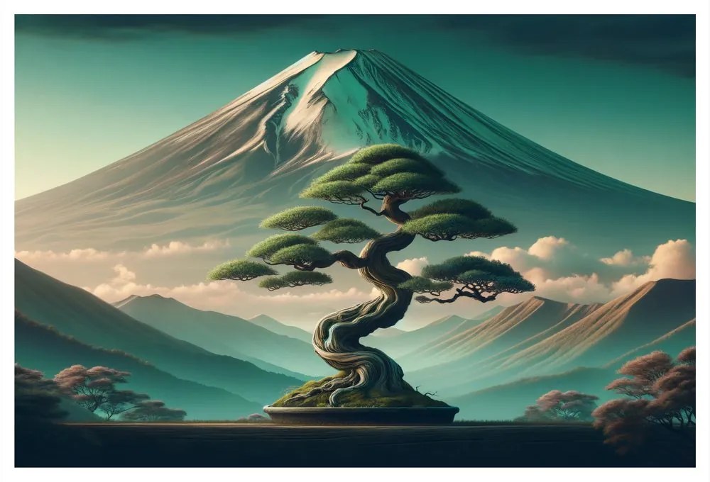 Quadro su tela – Bonsai e montagna in stile giapponese