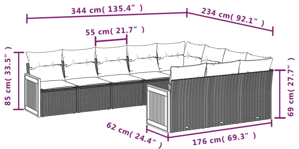 Set divano da giardino 10 pz con cuscini beige in polyrattan