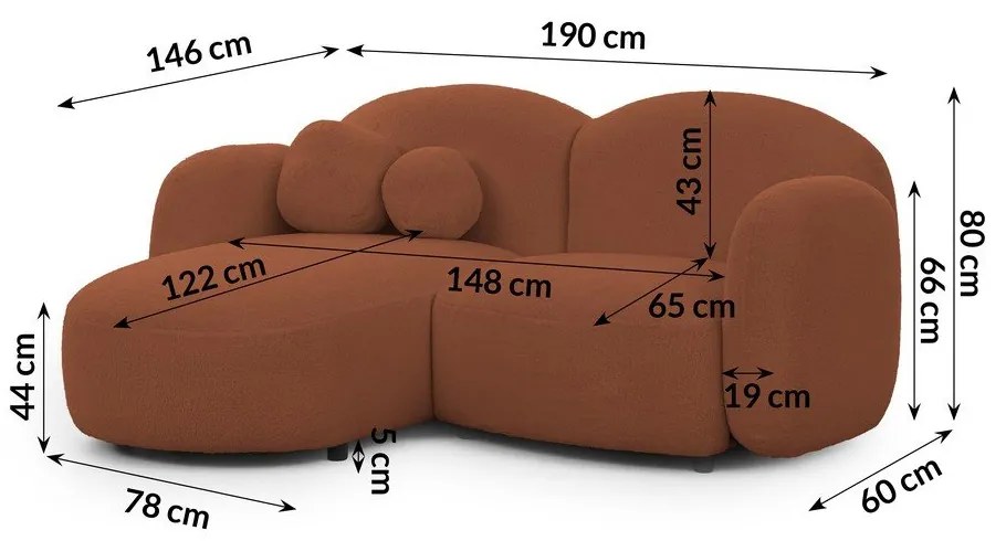 Divano angolare color terracotta (con penisola a sinistra/con chaise lounge) con rivestimento in bouclé Orbit – Ropez