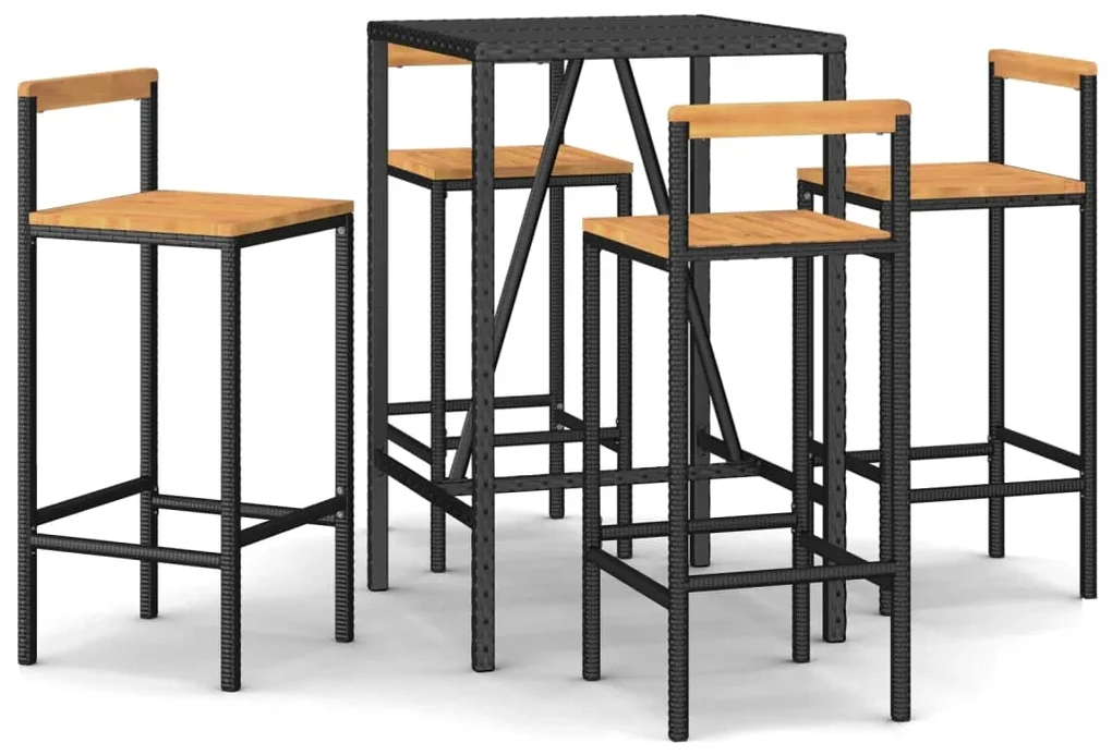 Set bar giardino 5 pz nero polyrattan e legno massello acacia