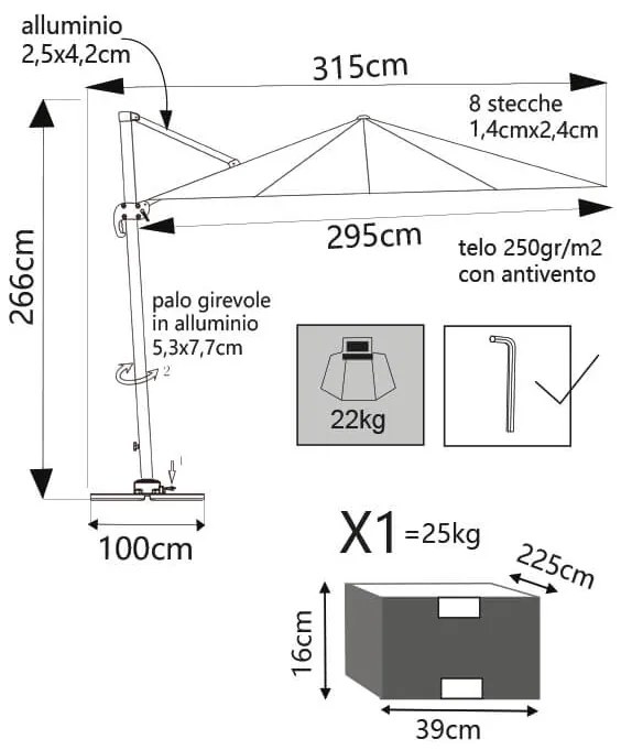 BACTRUS - ombrellone da giardino decentrato 3 x 3 m