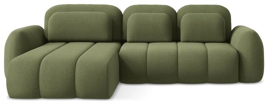 Divano angolare verde allungabile/con contenitore (con penisola a sinistra/con chaise lounge) con rivestimento in bouclé Pele – Makamii