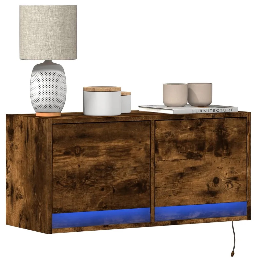 Mobile Tv A Parete Con Luci Led Rovere Fumo 80x31x35 Cm /