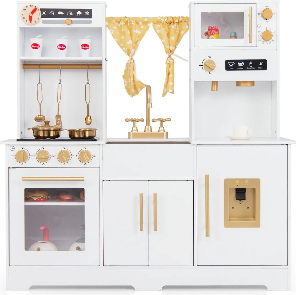 Costway Cucina da gioco per bambini dai 3+ anni con macchina da caffè lavello rubinetto e fornelli, Set di accessori in legno 2 Colori