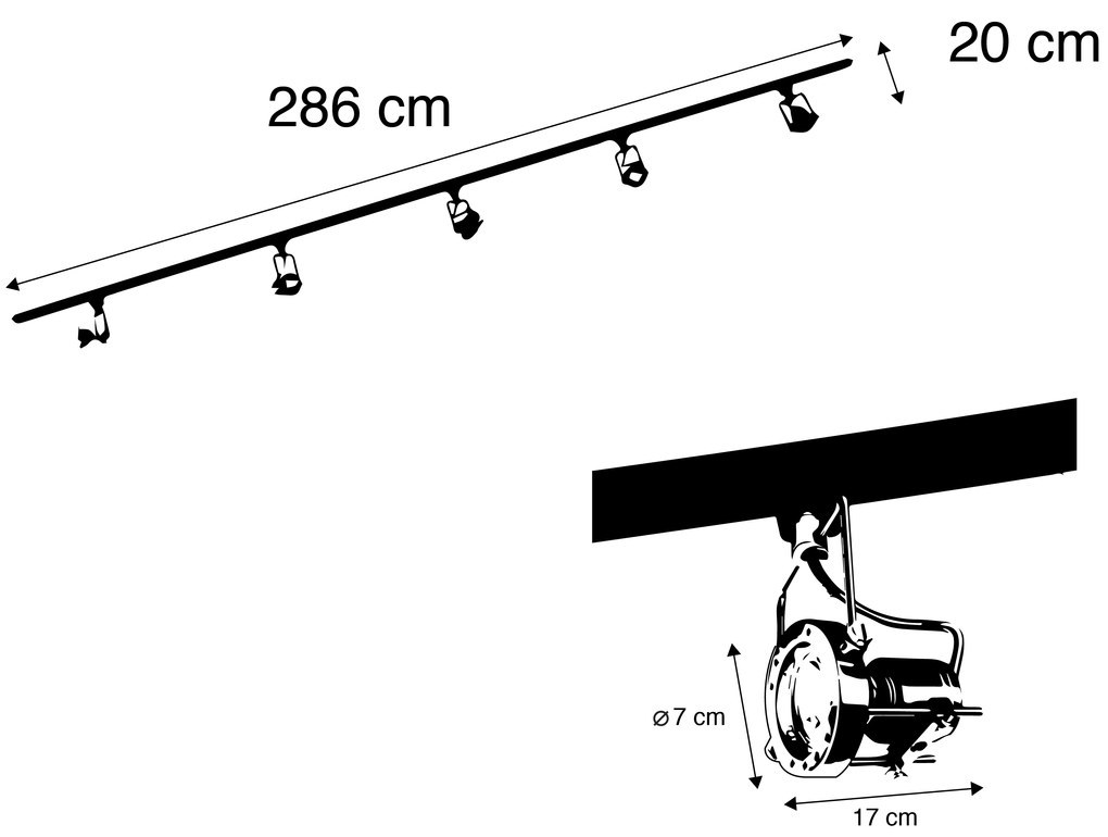 Sistema a binario con 5 faretti monofase nero con acciaio - Suplux