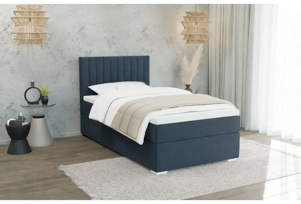 Letto singolo imbottito con contenitore blu scuro con materasso e topper inclusi 100x200 cm Bunny – Ropez