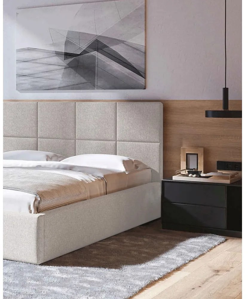 Letto matrimoniale imbottito beige con contenitore con griglia 180x200 cm Bufo - MESONICA