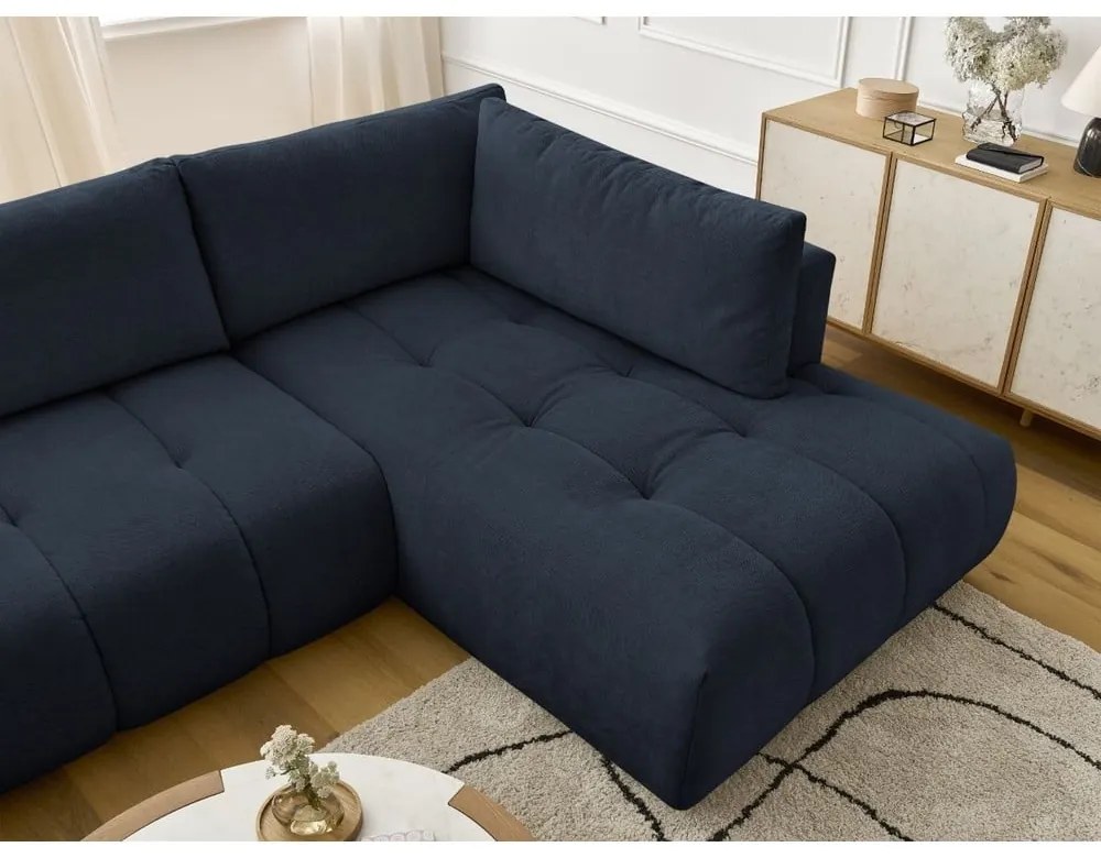 Divano angolare blu scuro allungabile e con contenitore (penisola a destra/a U) con rivestimento in ciniglia Fuji – Bobochic Paris