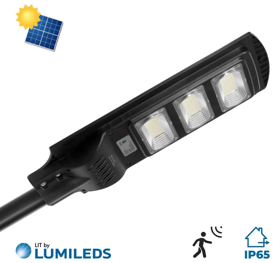 Armatura Stradale Solare 90W, 5.000k, Luce Minima + Sensore di Mov. Aut. 10h LED Lumileds Colore Bianco Freddo 5.000K