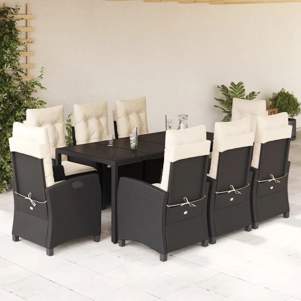 Set da pranzo da giardino 9 pz con cuscini nero in polyrattan