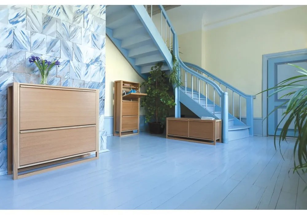 Scarpiera color naturale trama in rovere con spazio contenitivo e panca NewEst - Woodman