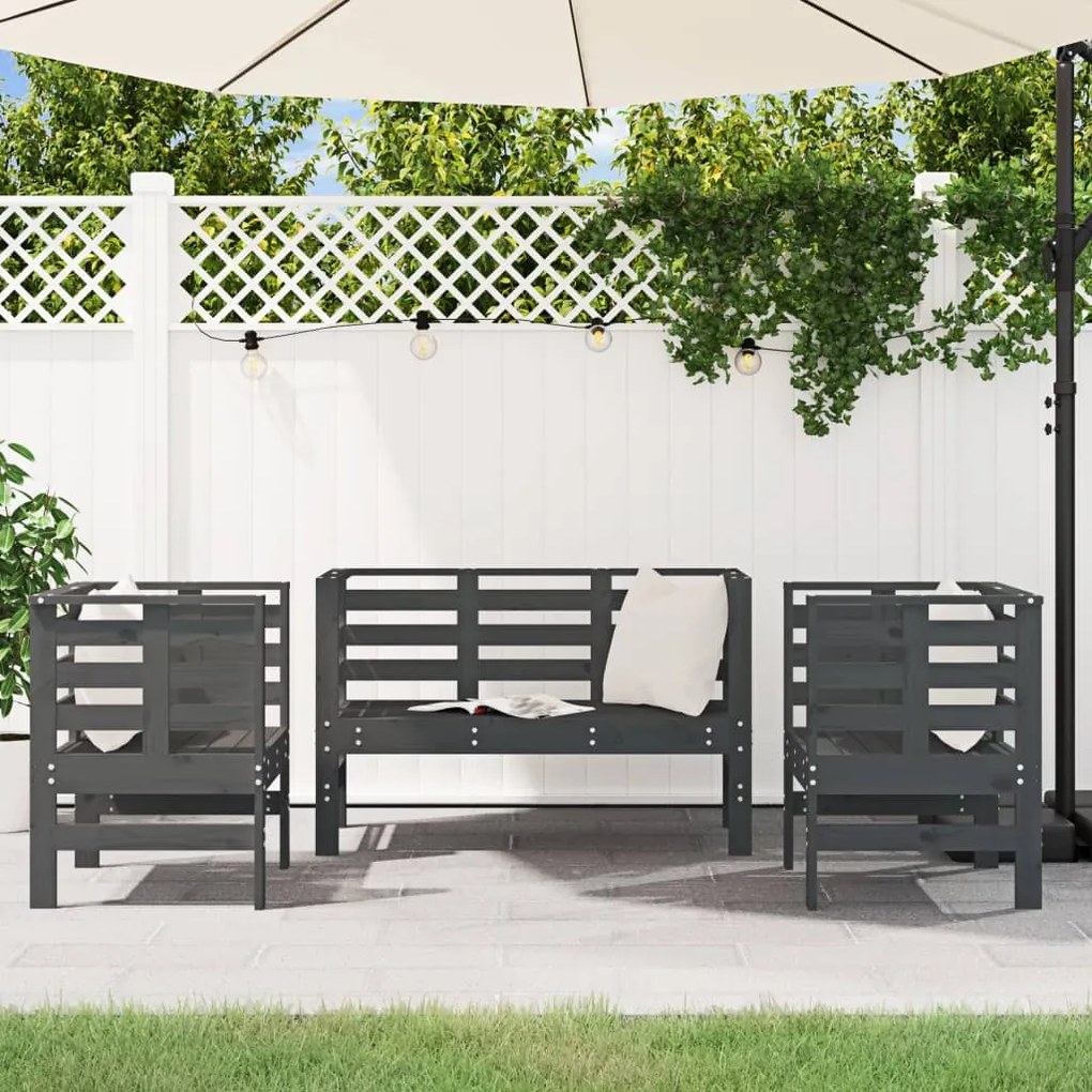 Set salotto da giardino 3 pz grigio in legno massello di pino