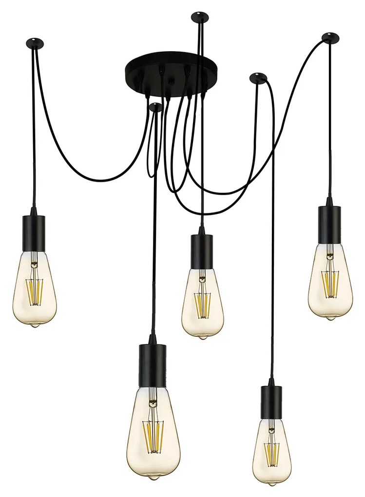 Lampadario Industrial-Nordico Squiggle Acciaio Nero 5 Luci E27