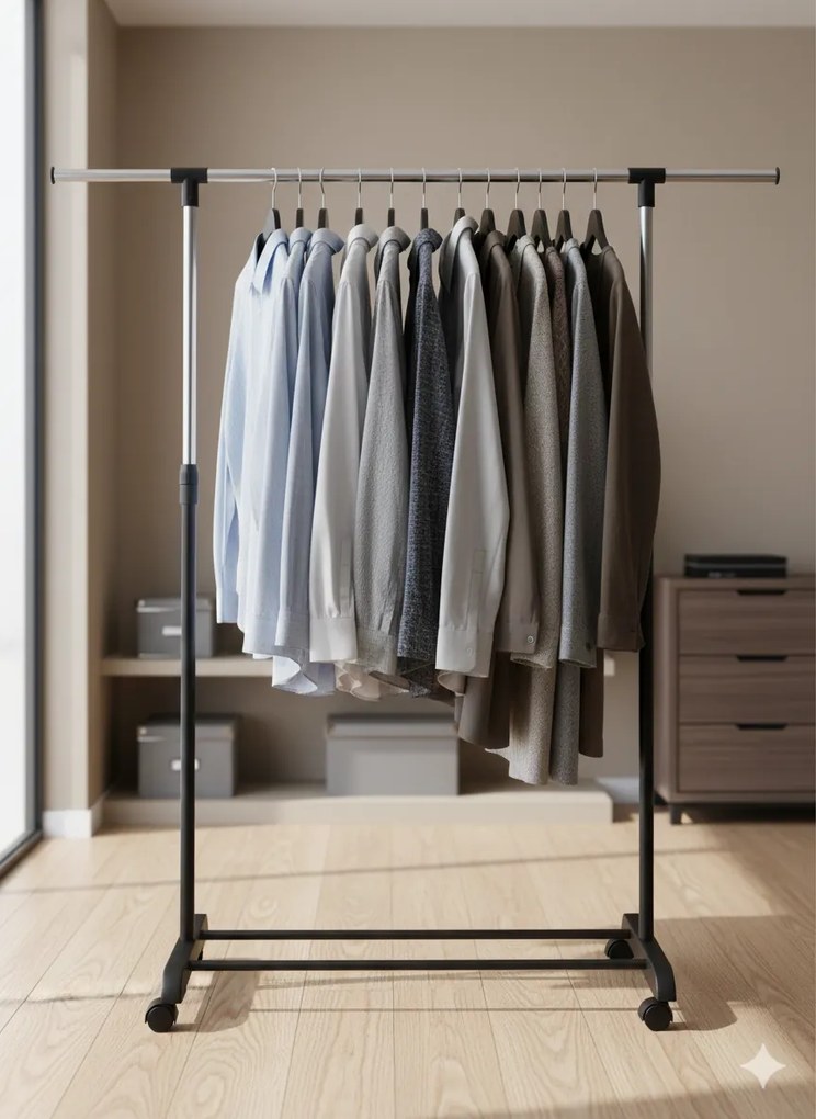 Stender Porta Abiti Estensibile in Acciaio con Ruote 125x170x42 cm Fadi Nero e Acciaio...