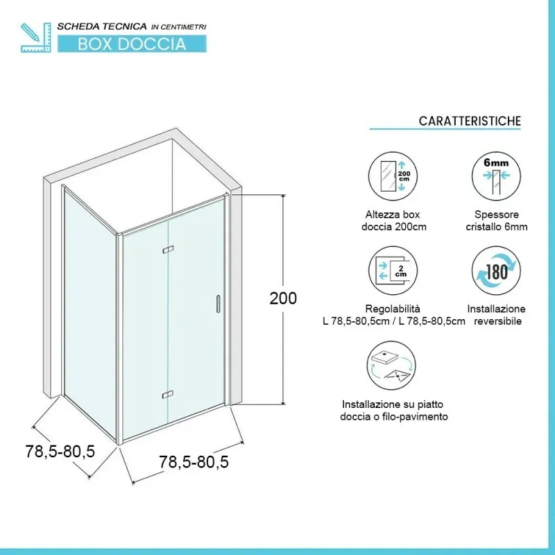 Box doccia 80x80 cm con porta a soffietto trasparente H 200 cm Ted