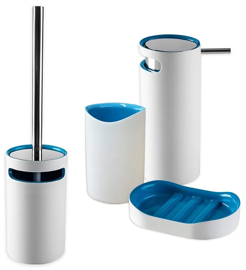 Set 4 pezzi accessori da bagno serie Idol Dispenser Bicchiere Porta sapone e Scopino