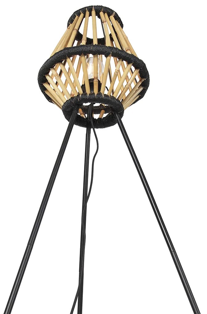 Lampada da terra a treppiede orientale in bambù con nero - Evalin