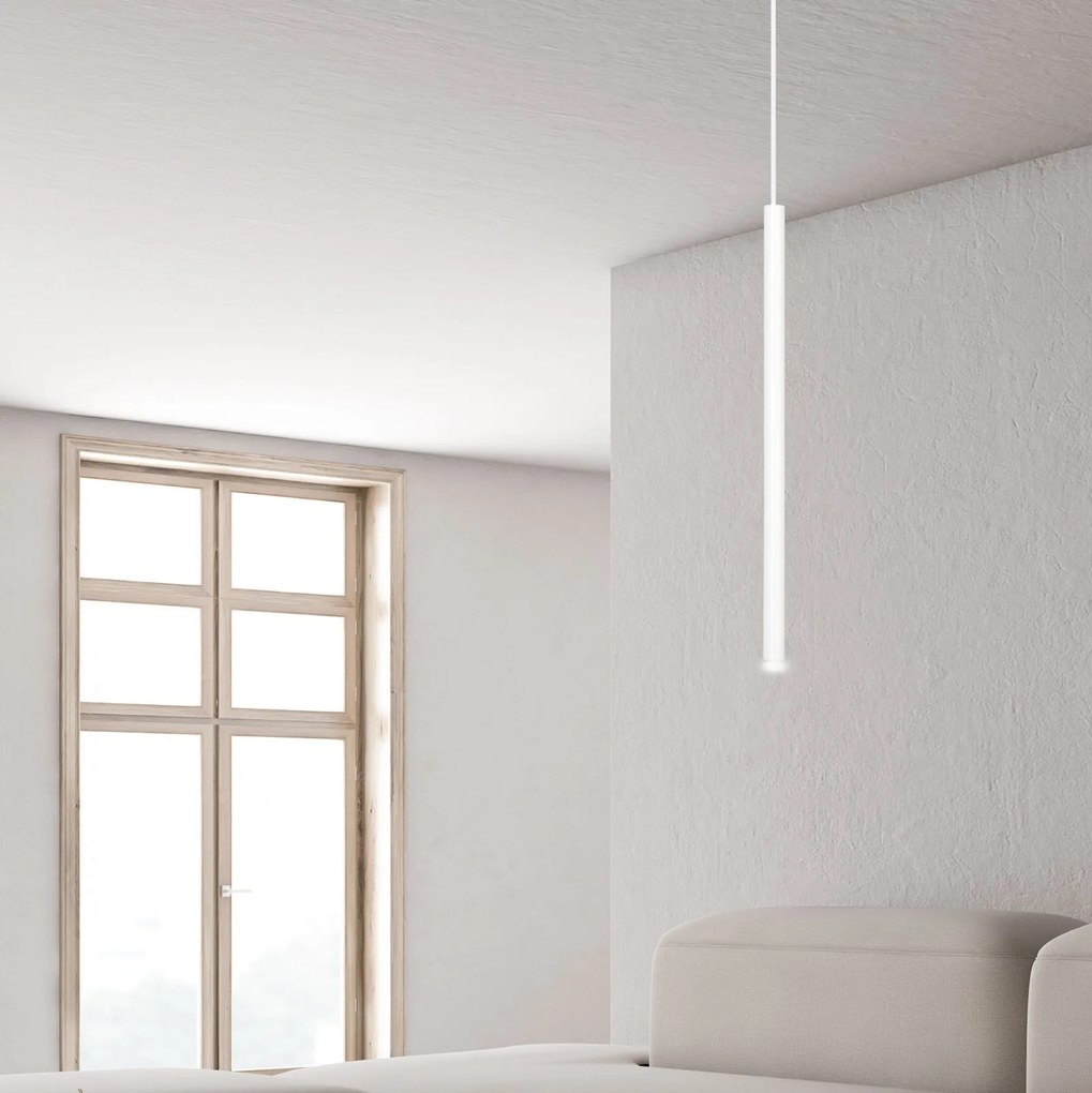 Lampadario 1 Luce Moderno Selter Acciaio Bianco E Paralume A Cilindro Sottile