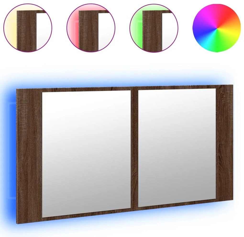 Armadietto specchio con led rovere marrone 90x12x45cm acrilico